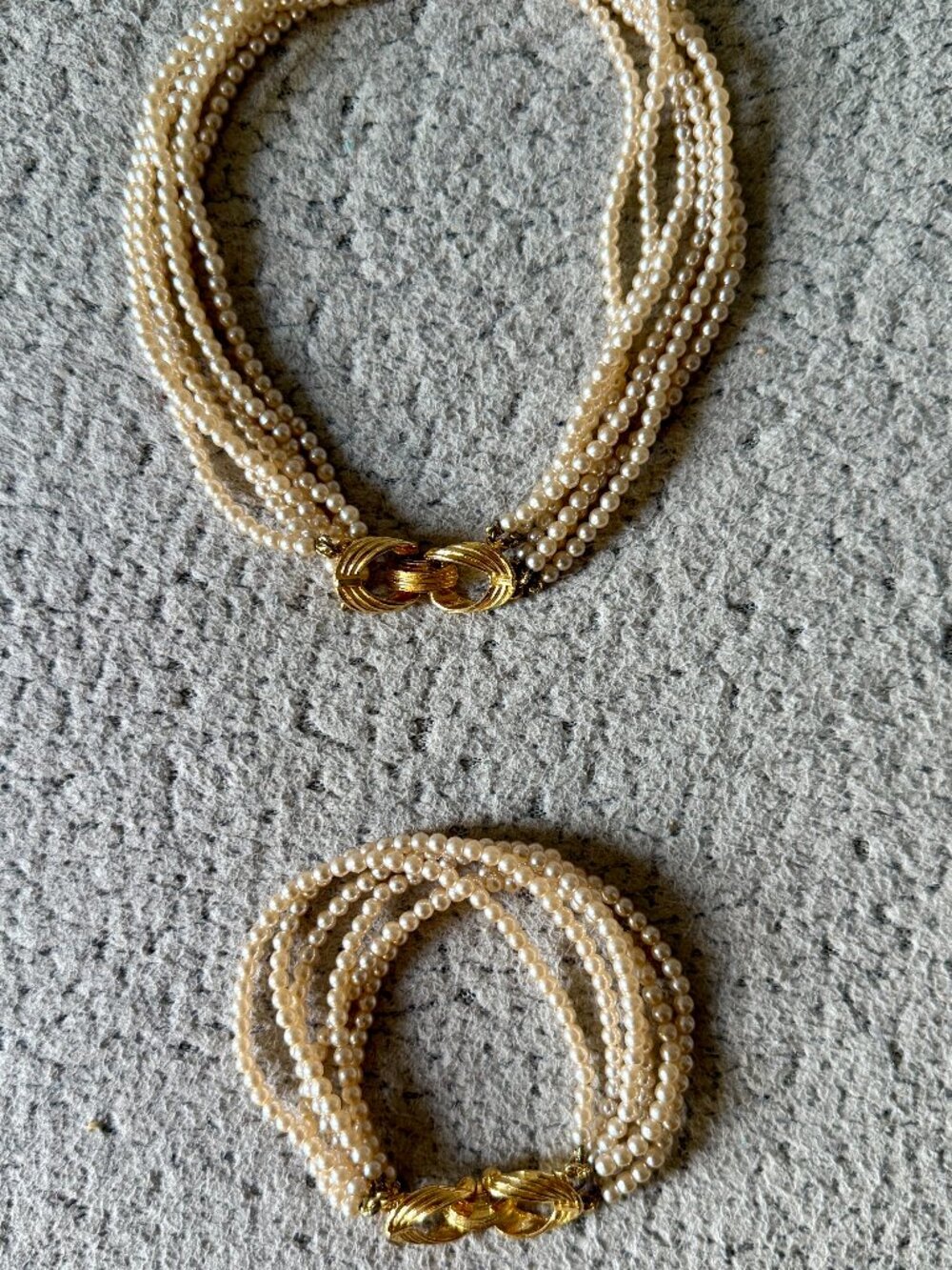 Vintage Style Faux Pearl Multi Strand Necklace & Bracelet Set Gold Tone Clasp